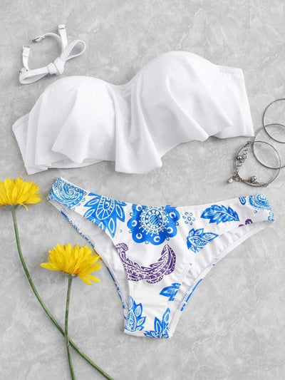 Flower Print Bandeau Bikini Set-swimwear-Des Mess