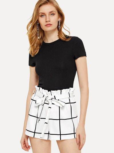Belted Ruffle Waist Grid Shorts-bottom-Des Mess