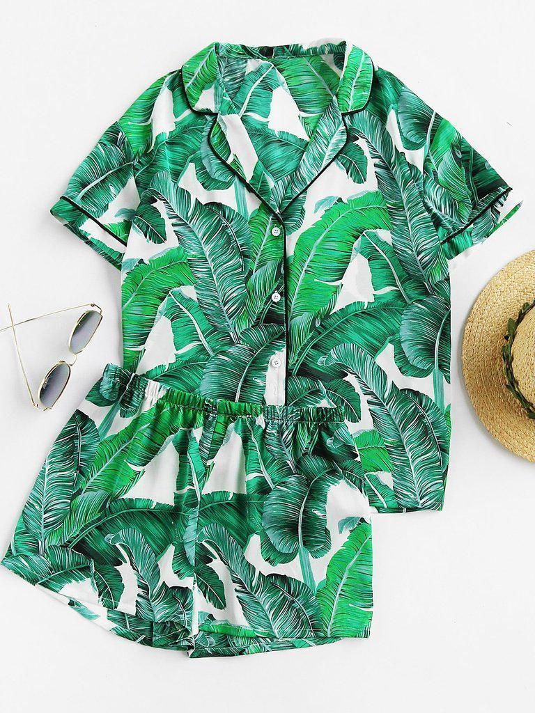 Palm Leaf Print Revere Collar Pajama Set-loungewear-Des Mess