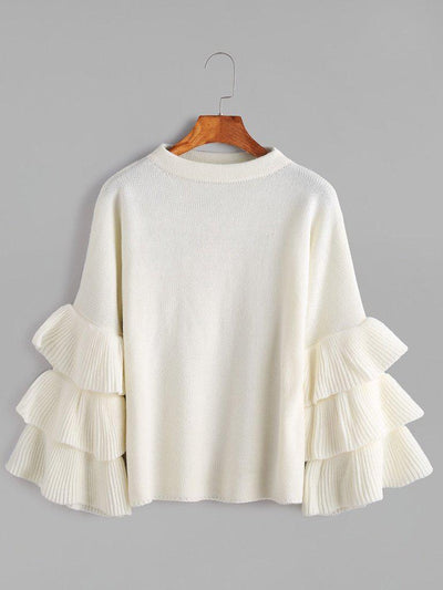 White Layered Ruffle Sleeve Pullover Sweater-outerwear-Des Mess