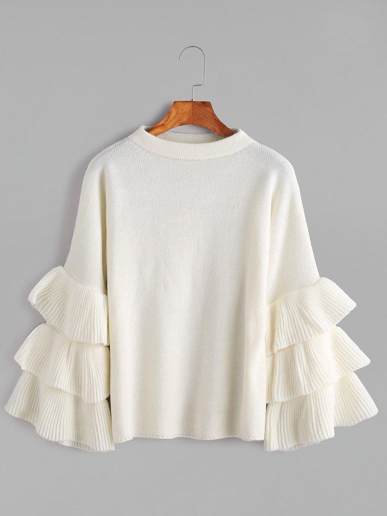 White Layered Ruffle Sleeve Pullover Sweater-outerwear-Des Mess