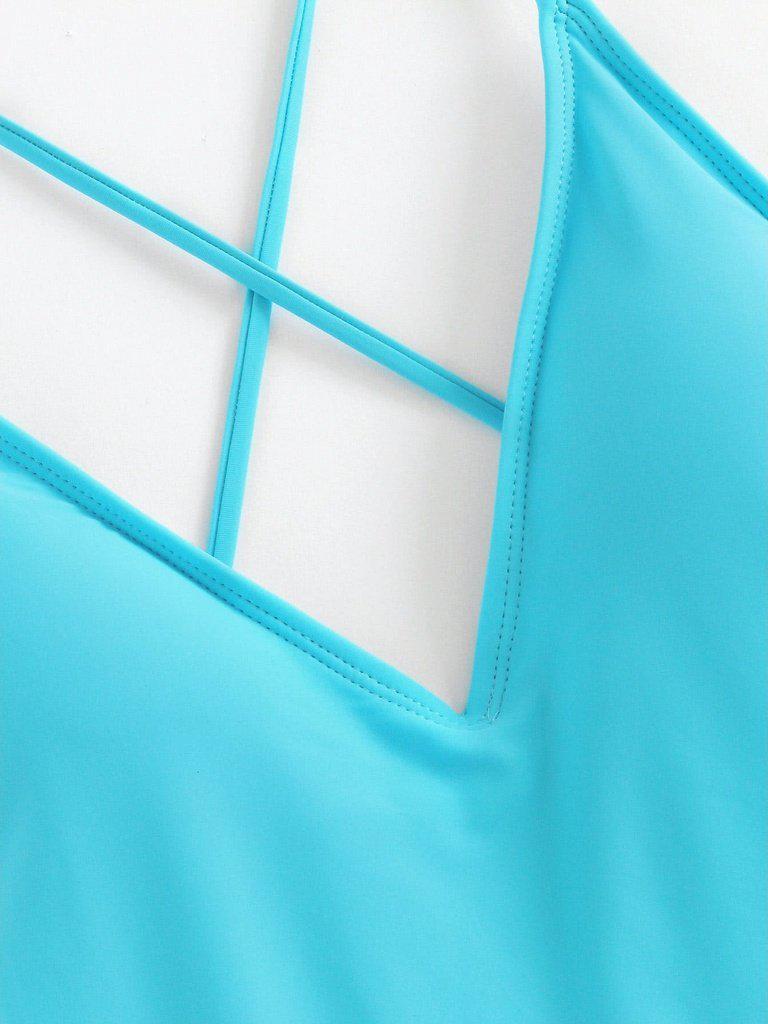 Lace Up Back Ruched Detail Plunge Swimsuit-swimwear-Des Mess