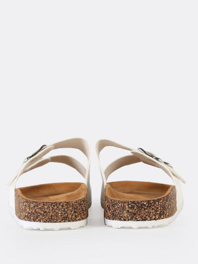 Double Buckle Cork Footbed Slide Sandal WHITE-shoes-Des Mess