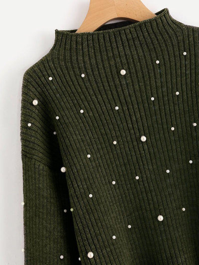 Pearl Embellished Exaggerated Bishop Sleeve Ribbed Sweater-outerwear-Des Mess
