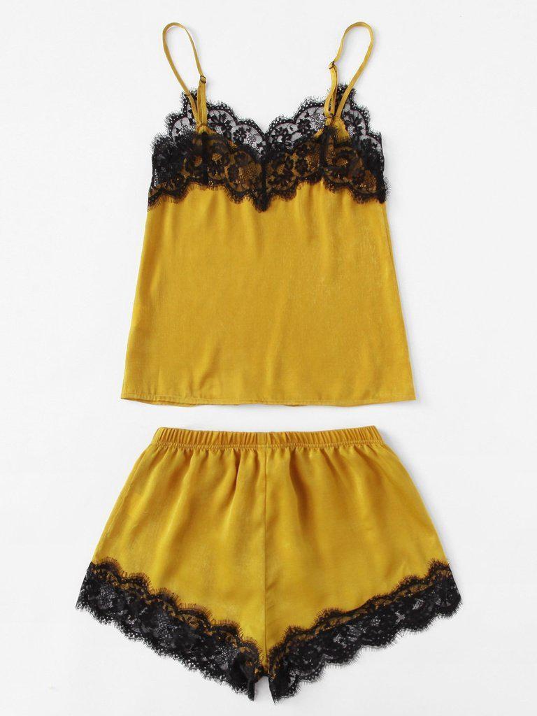 Lace Trim Satin Cami And Shorts Pajama Set-loungewear-Des Mess