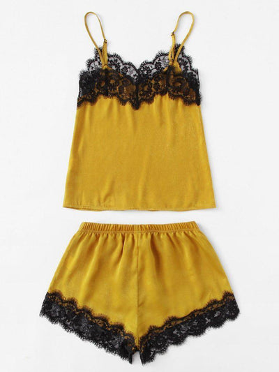 Lace Trim Satin Cami And Shorts Pajama Set-loungewear-Des Mess