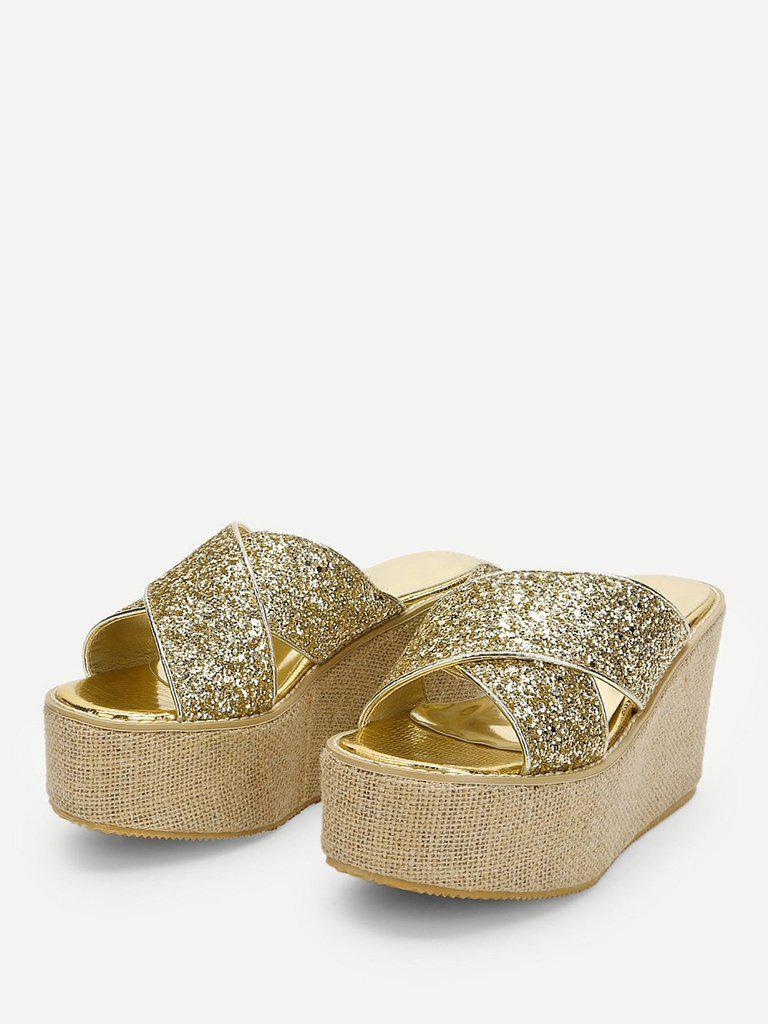 Glitter Criss Cross Design Wedge Sandals-shoes-Des Mess
