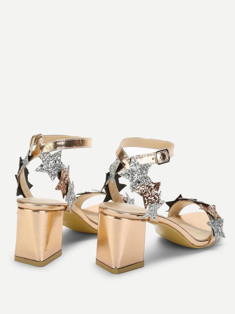 Glitter Star Detail Chunky Heeled Sandals-shoes-Des Mess