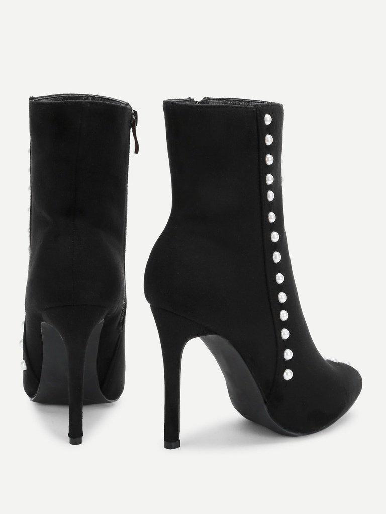 Faux Pearl Decorated Side Zipper Stiletto Boots-shoes-Des Mess