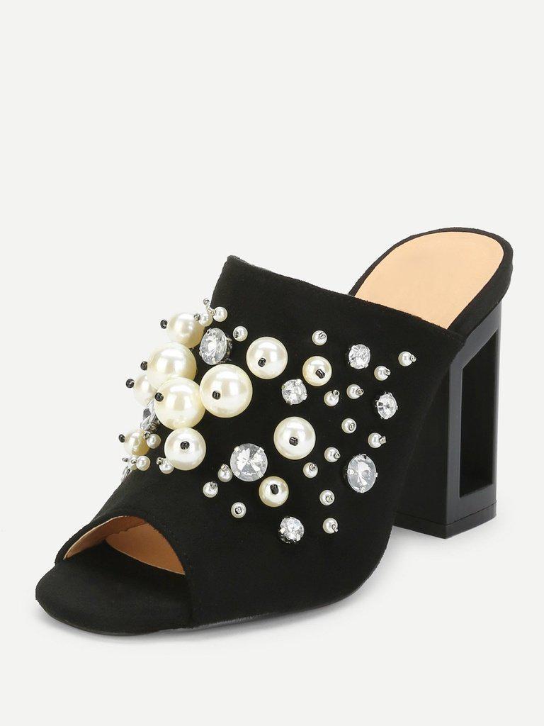 Faux Pearl Decorated Chunky Heeled Mules-shoes-Des Mess