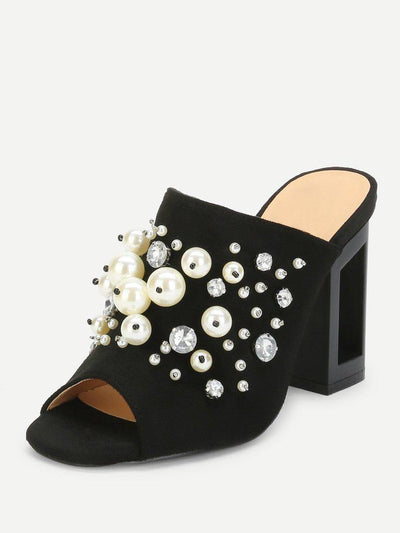 Faux Pearl Decorated Chunky Heeled Mules-shoes-Des Mess
