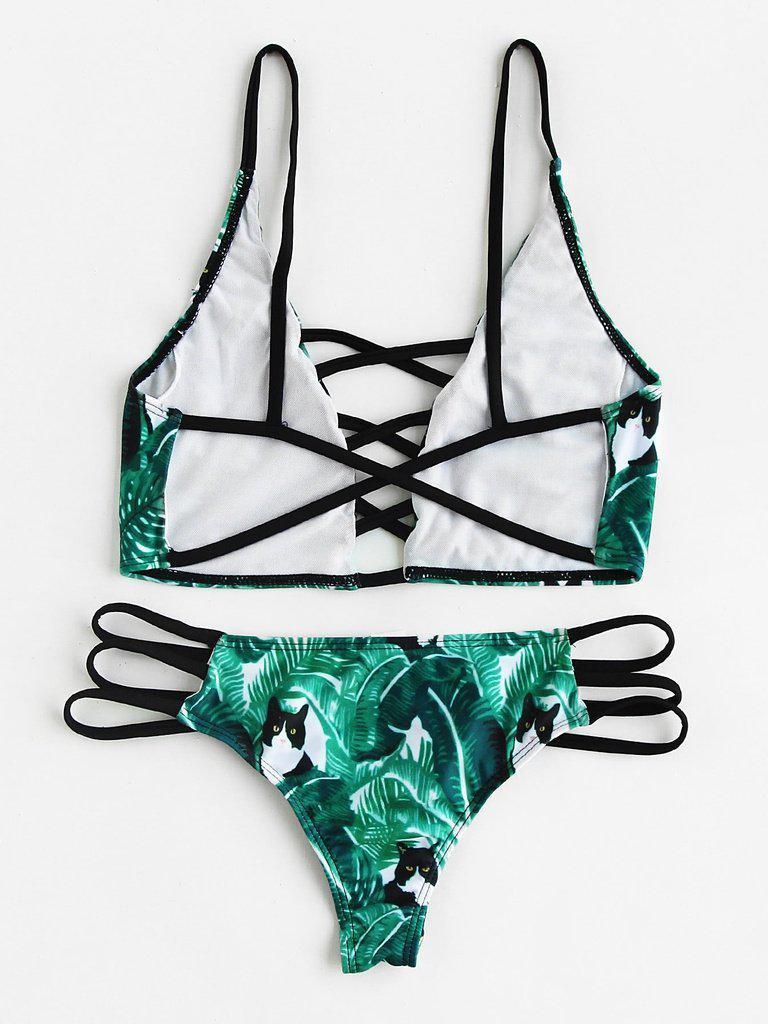 Leaf Print Criss Cross Bikini Set-swimwear-Des Mess