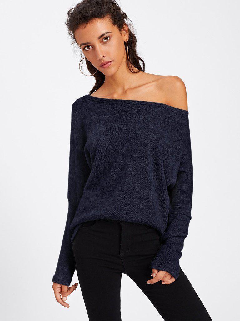 Asymmetric Shoulder Batwing Sleeve Sweater-outerwear-Des Mess