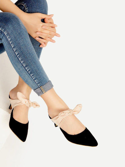 Black Point Toe Contrast Bow Tie Heeled Mules-shoes-Des Mess