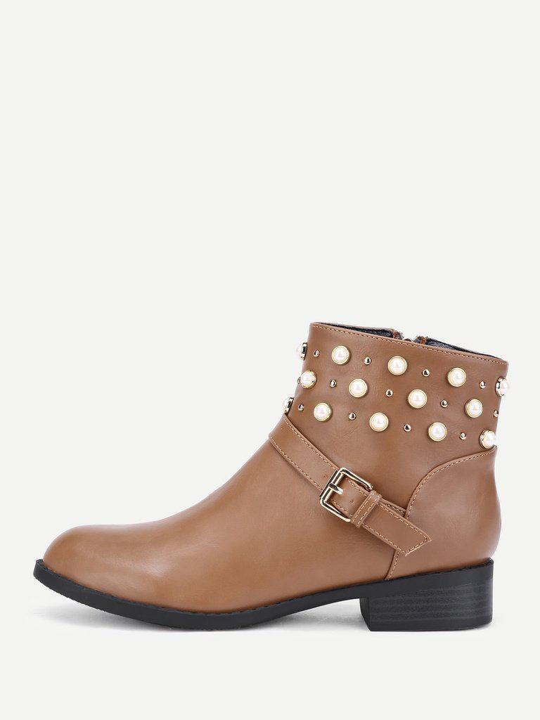 Faux Pearl Detail PU Ankle Boots-shoes-Des Mess