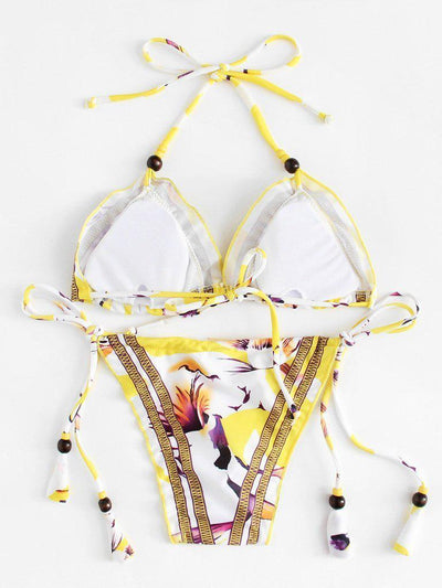 Self Tie Flower Print Bikini Set-swimwear-Des Mess
