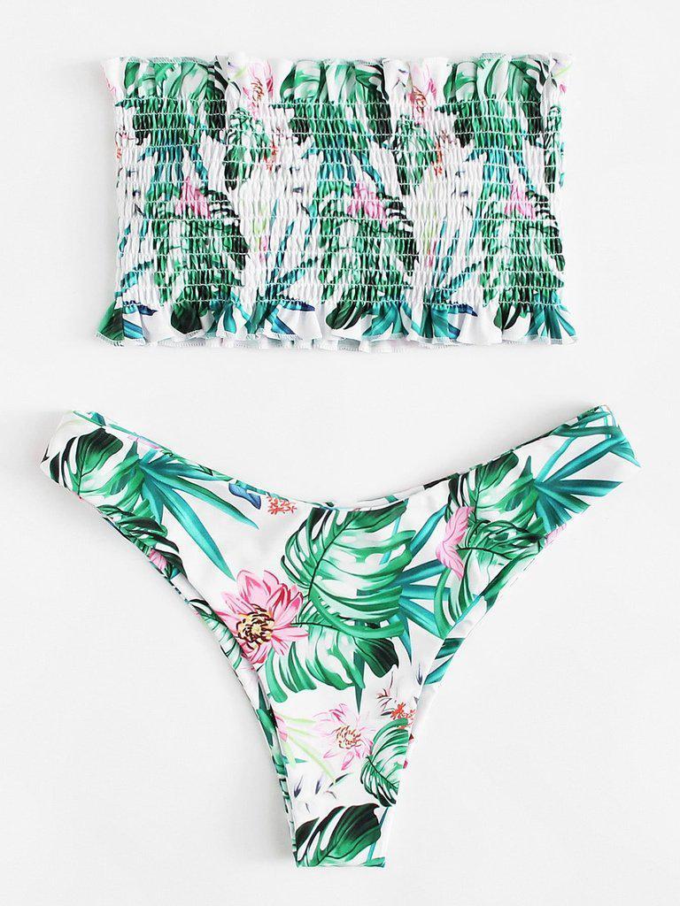 Tropical Print Frill Trim Shirred Bikini Set-swimwear-Des Mess