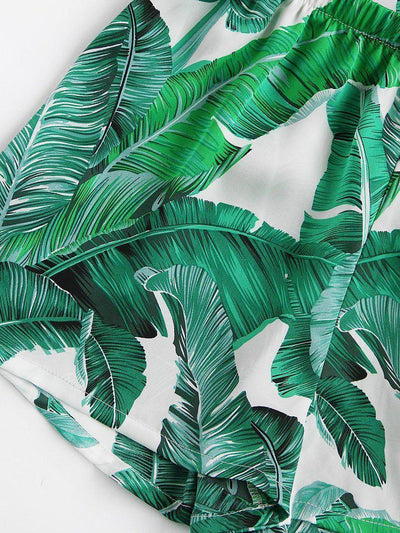 Palm Leaf Print Revere Collar Pajama Set-loungewear-Des Mess