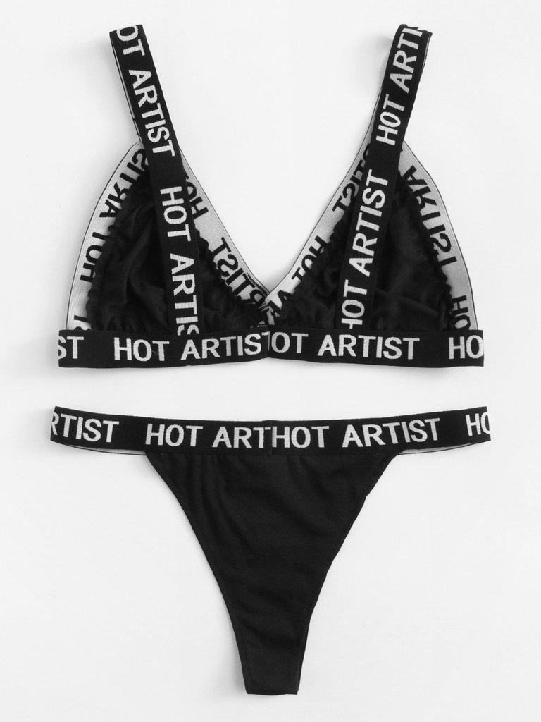 Letter Print Trim Lingerie Set-lingerie-Des Mess