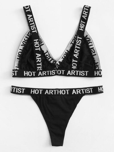 Letter Print Trim Lingerie Set-lingerie-Des Mess