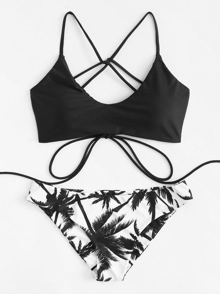 Coconut Trim Print Cross Strap Bikini Set