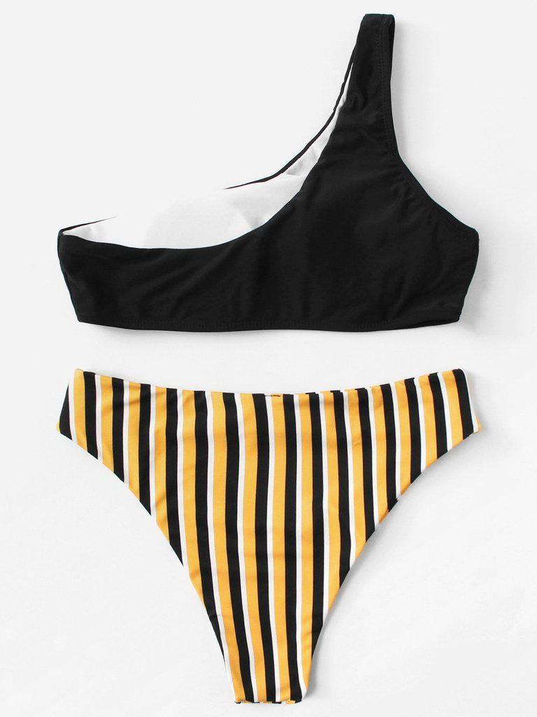 One Shoulder Striped Bikini Set--Des Mess