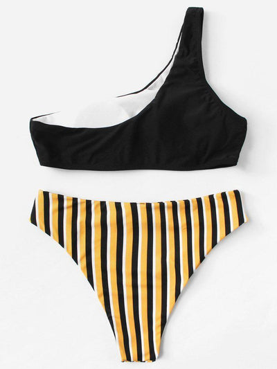 One Shoulder Striped Bikini Set--Des Mess