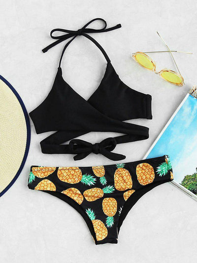 Crisscross Knot Front Pineapple Print Bikini Set-swimwear-Des Mess