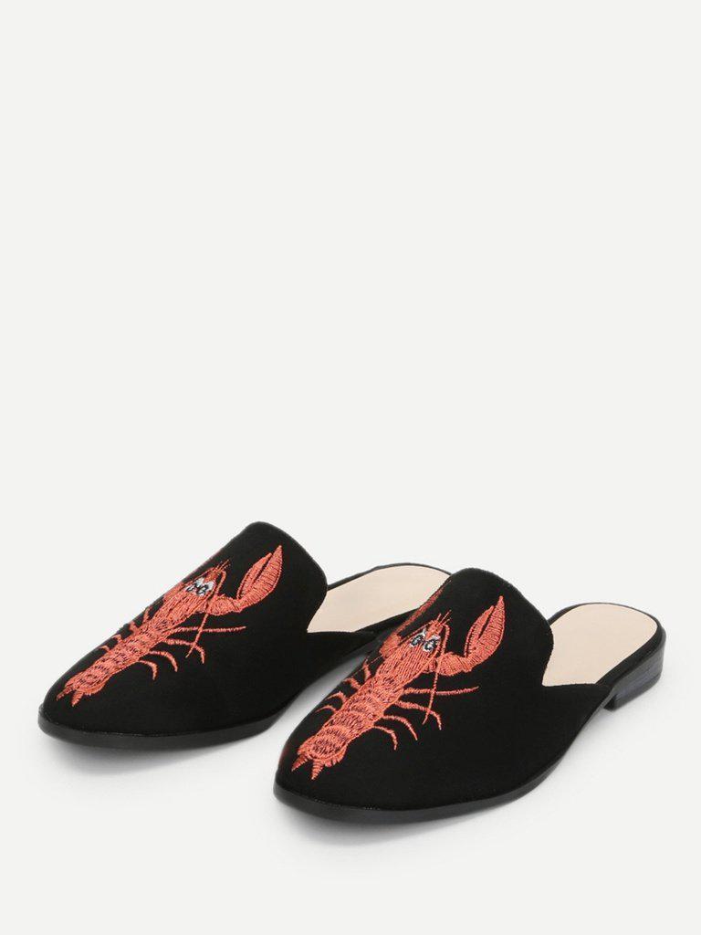 Shrimp Embroidery Flat Mules-shoes-Des Mess