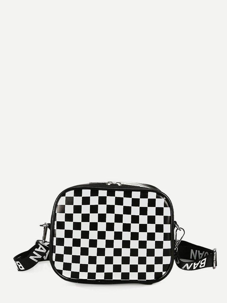 Gingham Crossbody Bag With Letter Strap-accessories-Des Mess