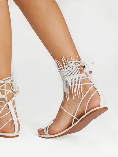 Fringe Detail Lace Up Sandals-shoes-Des Mess