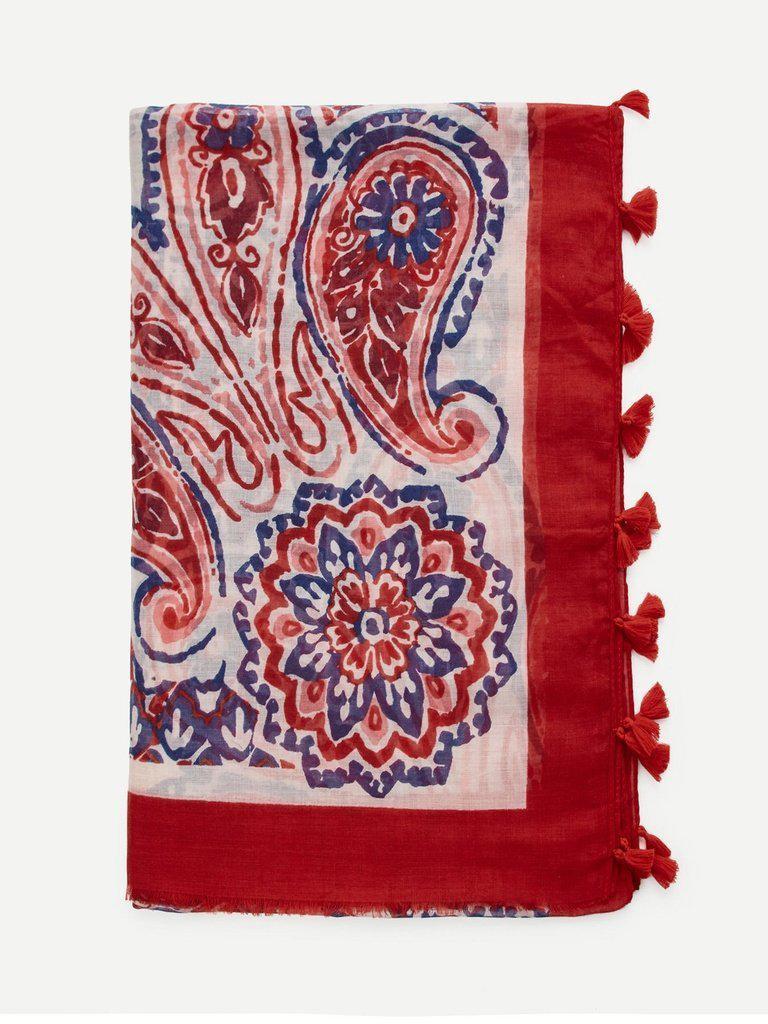 Paisley & Flower Print Scarf With Tassel-accessories-Des Mess