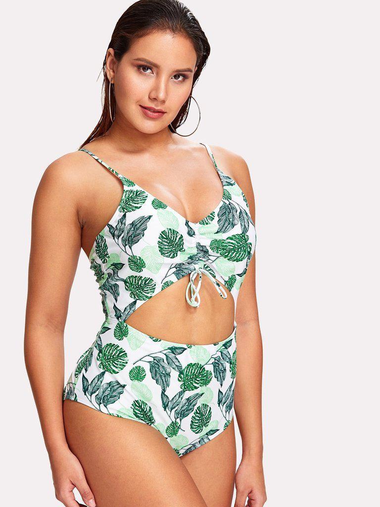 Palm Print Cut Out Swimsuit-swimwear-Des Mess
