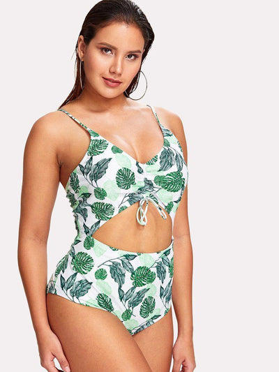Palm Print Cut Out Swimsuit-swimwear-Des Mess