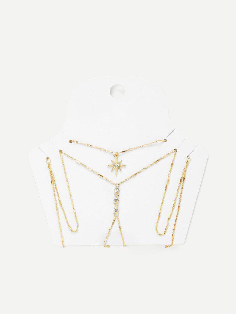 Rhinestone Detail Chain Body Harness With Necklace-jewelry-Des Mess