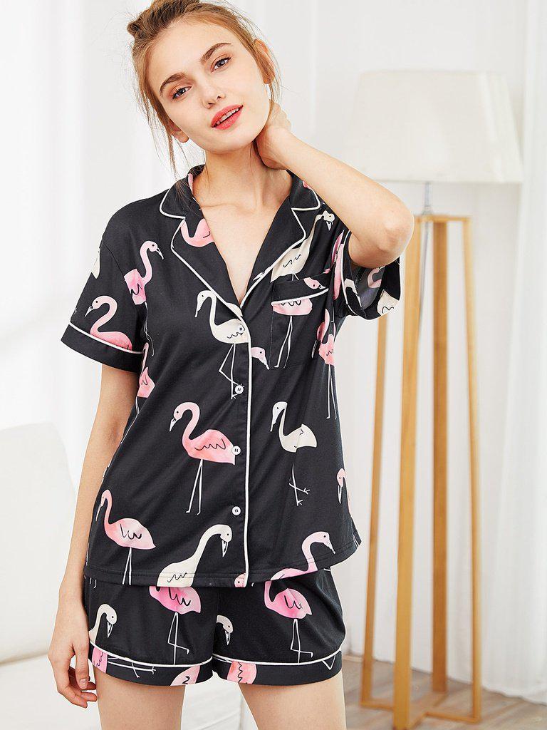 Revere Collar Allover Flamingo Print Blouse & Shorts Pajama Set-loungewear-Des Mess