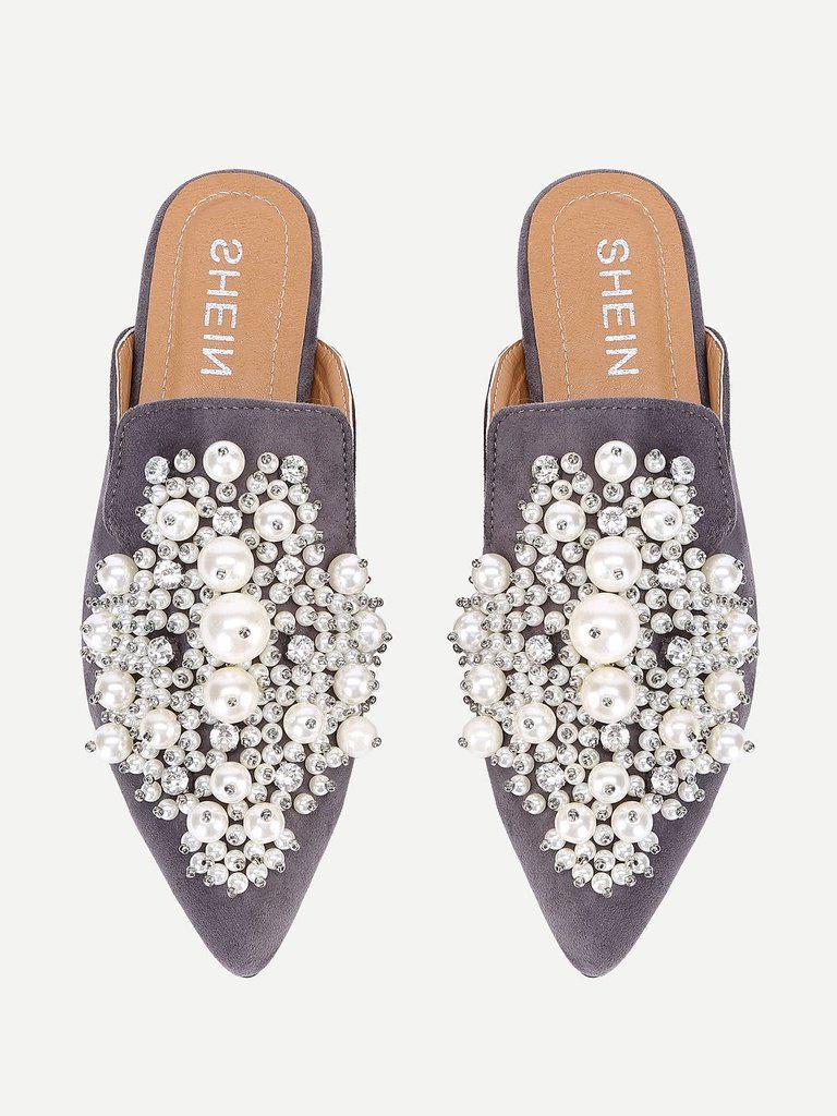 Faux Pearl Decorated Flat Mules-shoes-Des Mess