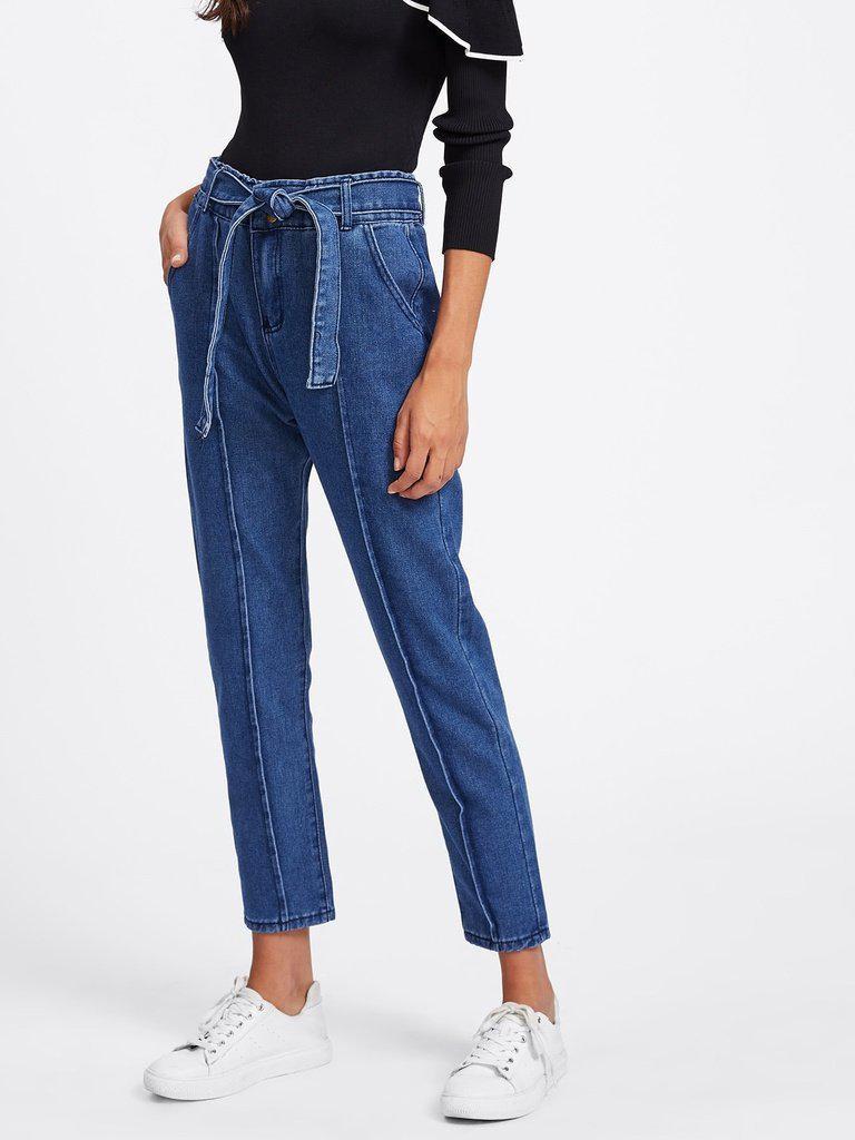 Tie Waist Seam Front Jeans-bottom-Des Mess