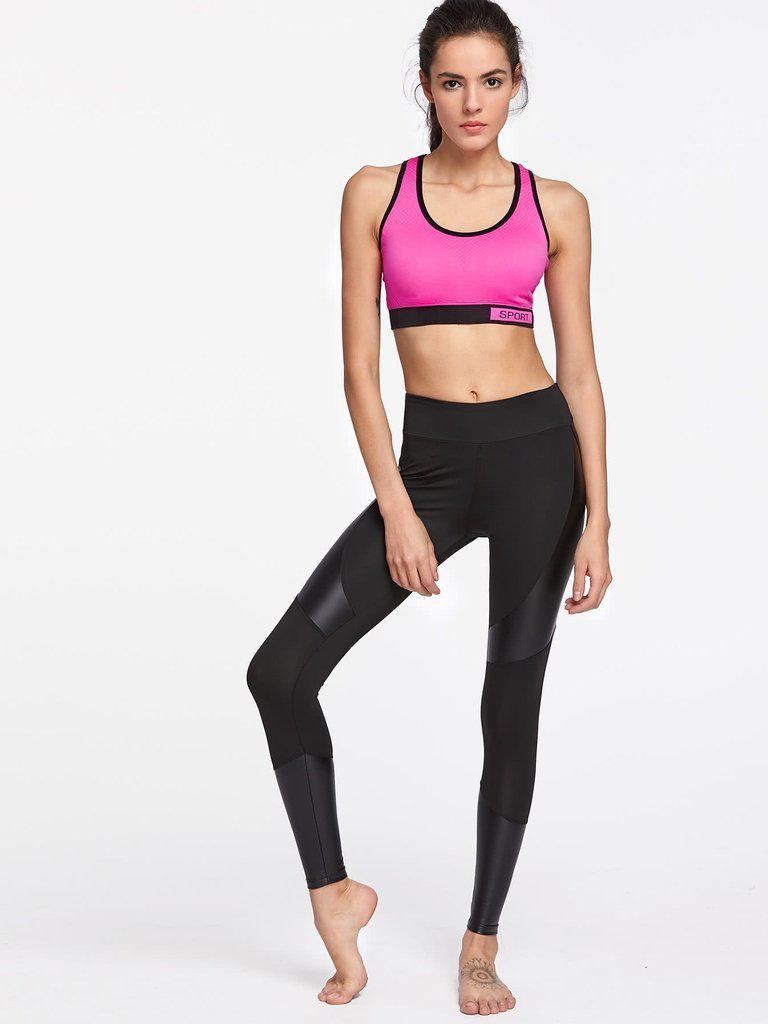 Contrast Pu Cut And Sew Sports Leggings-sportswear-Des Mess