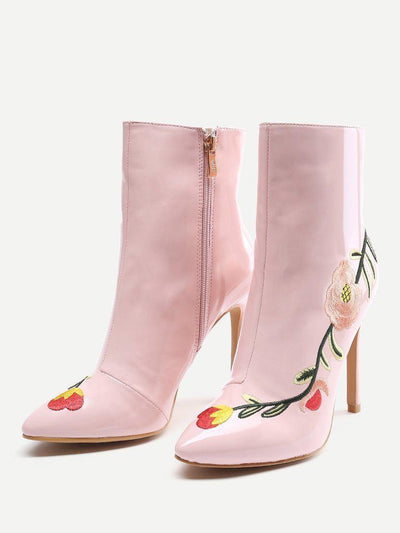 Flowers Embroidery Stiletto Ankle Boots-shoes-Des Mess