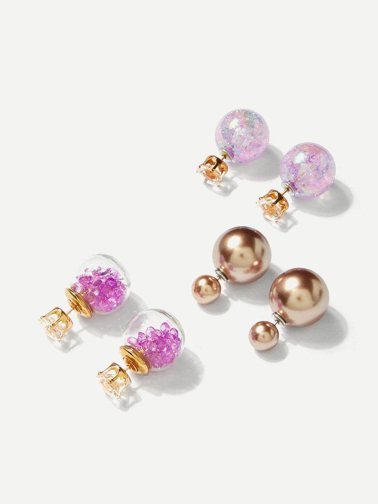 Glass Ball Reversible Stud Earrings 3pairs-jewelry-Des Mess