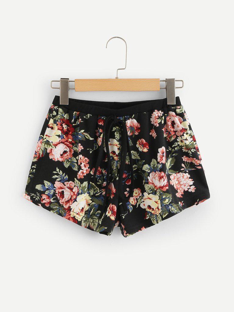Contrast Raglan Sleeve Curved Hem Top & Floral Shorts PJ Set-loungewear-Des Mess