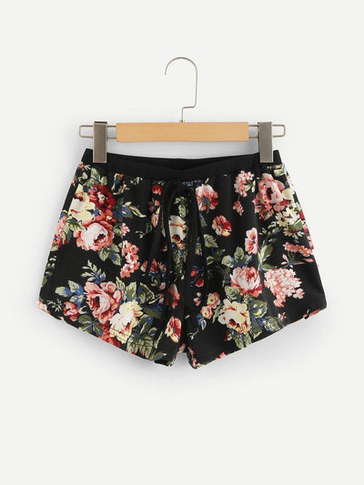 Contrast Raglan Sleeve Curved Hem Top & Floral Shorts PJ Set-loungewear-Des Mess