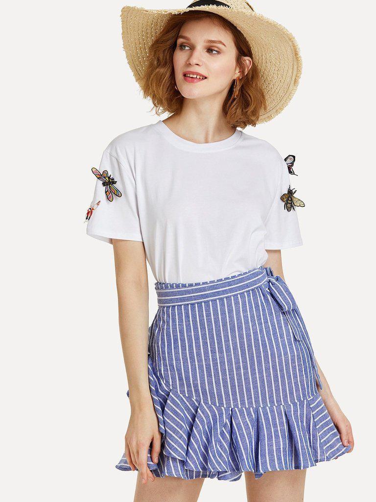 Knot Side Striped Ruffle Hem Skirt-bottom-Des Mess