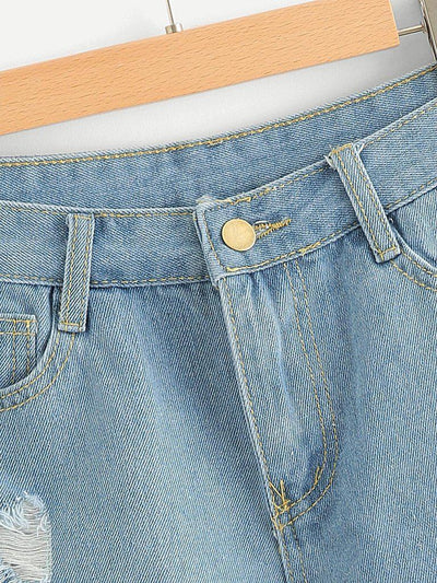 Letter Print Raw Hem Ripped Denim Shorts-bottom-Des Mess