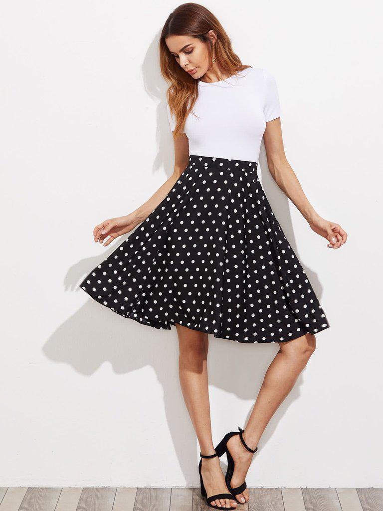 Hidden Pocket Detail Polka Dot Circle Skirt-bottom-Des Mess
