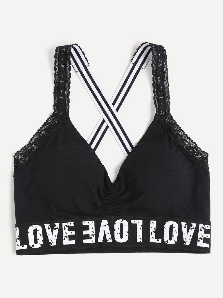 Print Wide Band Lace Trim Crisscross Sports Bra-sportswear-Des Mess