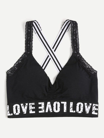 Print Wide Band Lace Trim Crisscross Sports Bra-sportswear-Des Mess