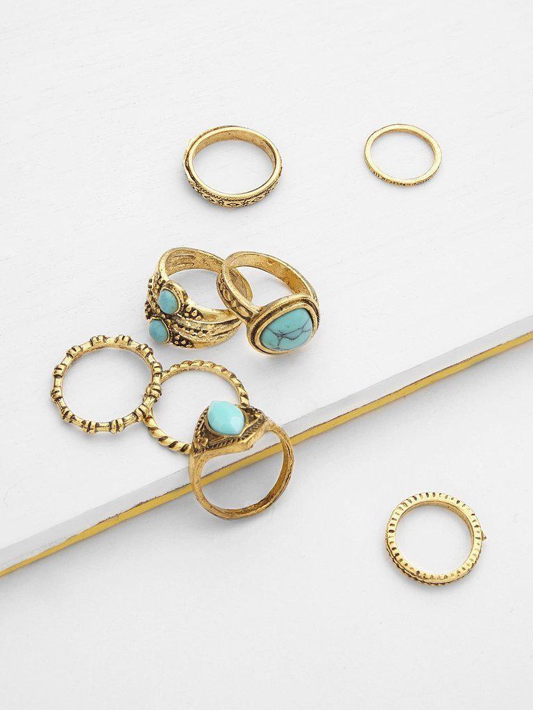 Turquoise Design Ring Set 8pcs-jewelry-Des Mess