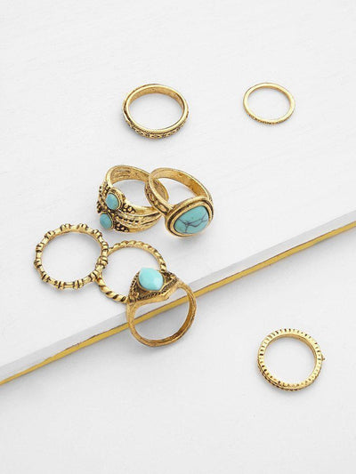 Turquoise Design Ring Set 8pcs-jewelry-Des Mess